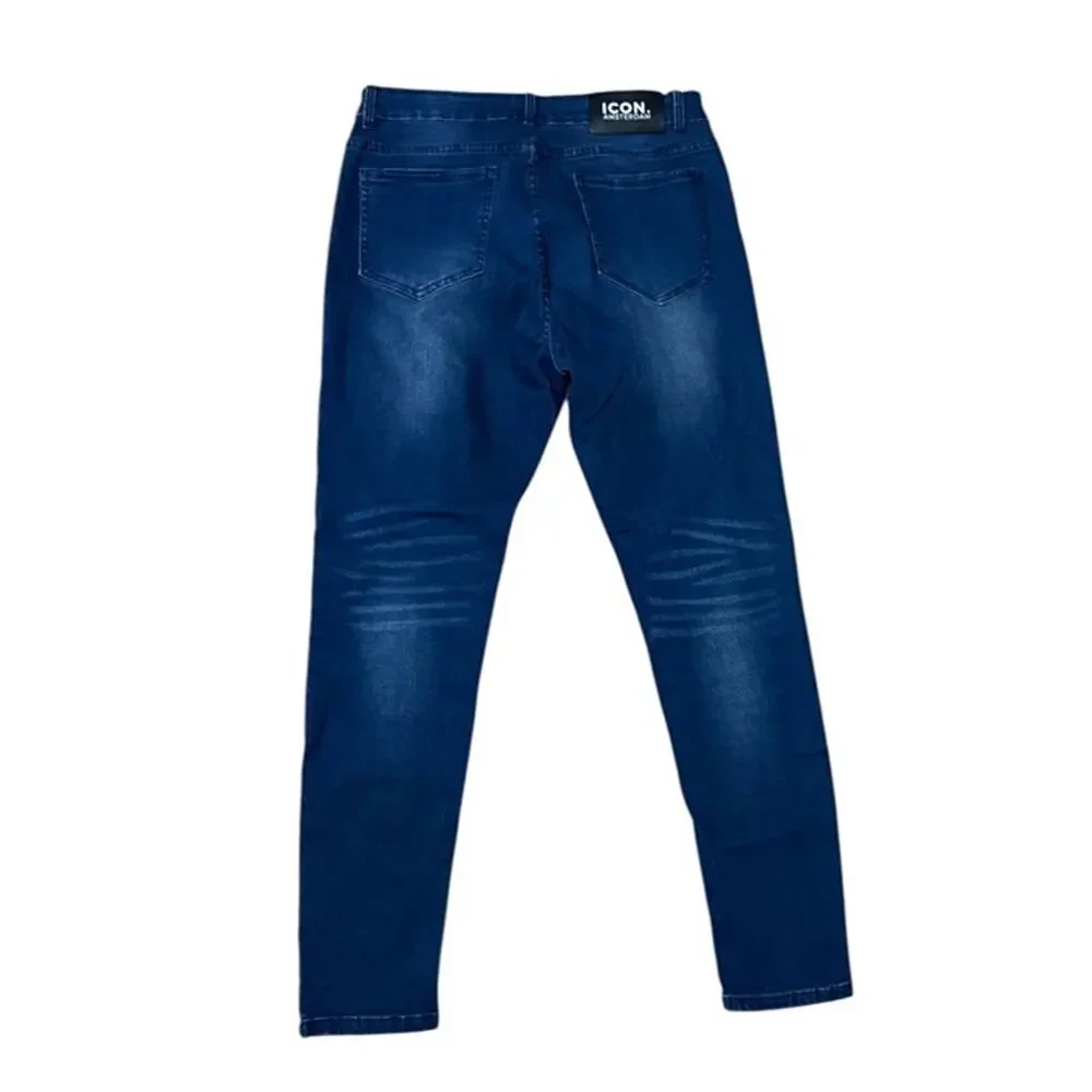 ICON Amsterdam Men Slim Fit Blue Denim Jeans Red & Black Side Stripes 36 - Picture 2 of 8